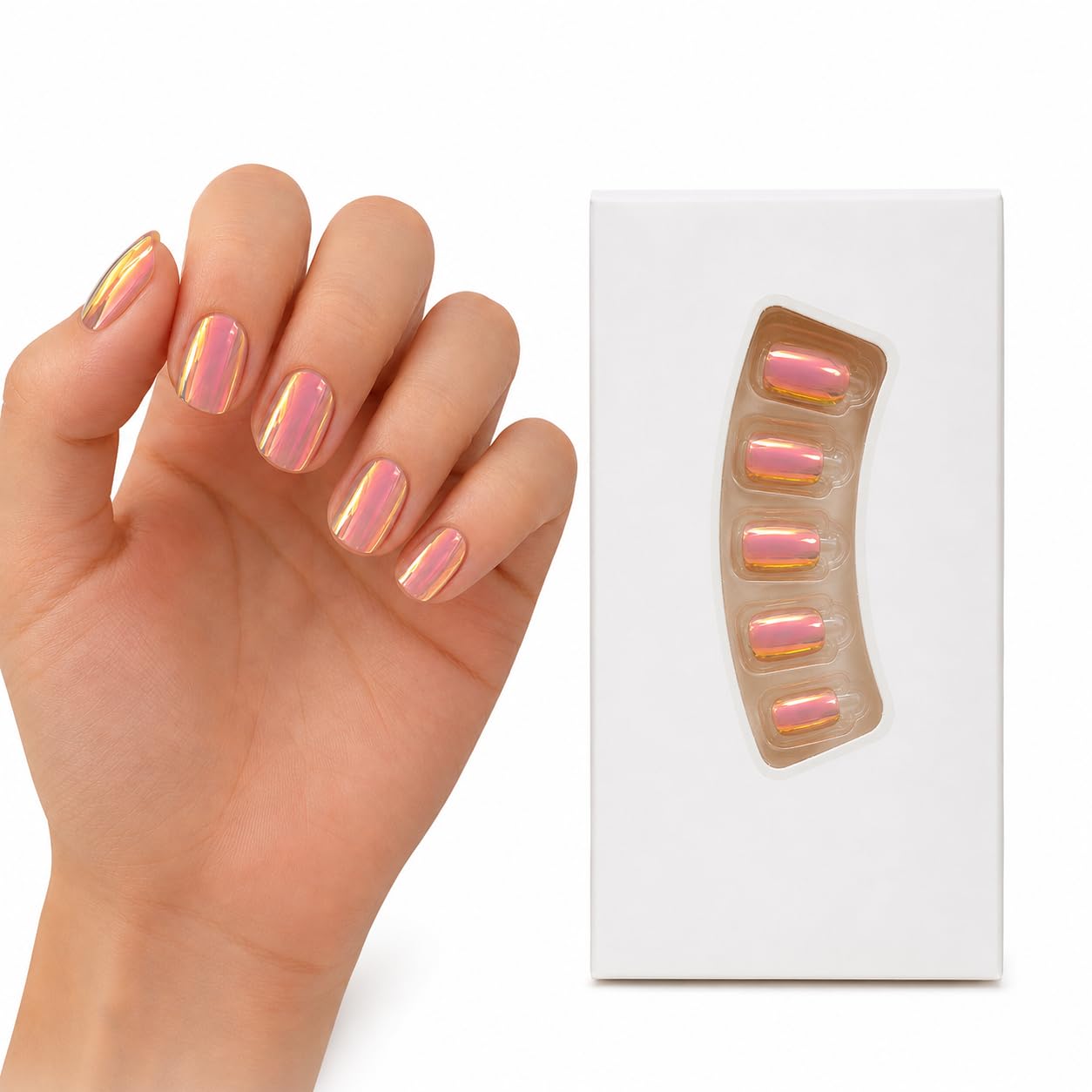 S.A.V.I Press on Nails 24 Pcs Short Aurora Mirror Finish | Reusable Adhesive Manicure Kit with Glue, Glossy Chrome Finish, Natural Fit for Women & Girls