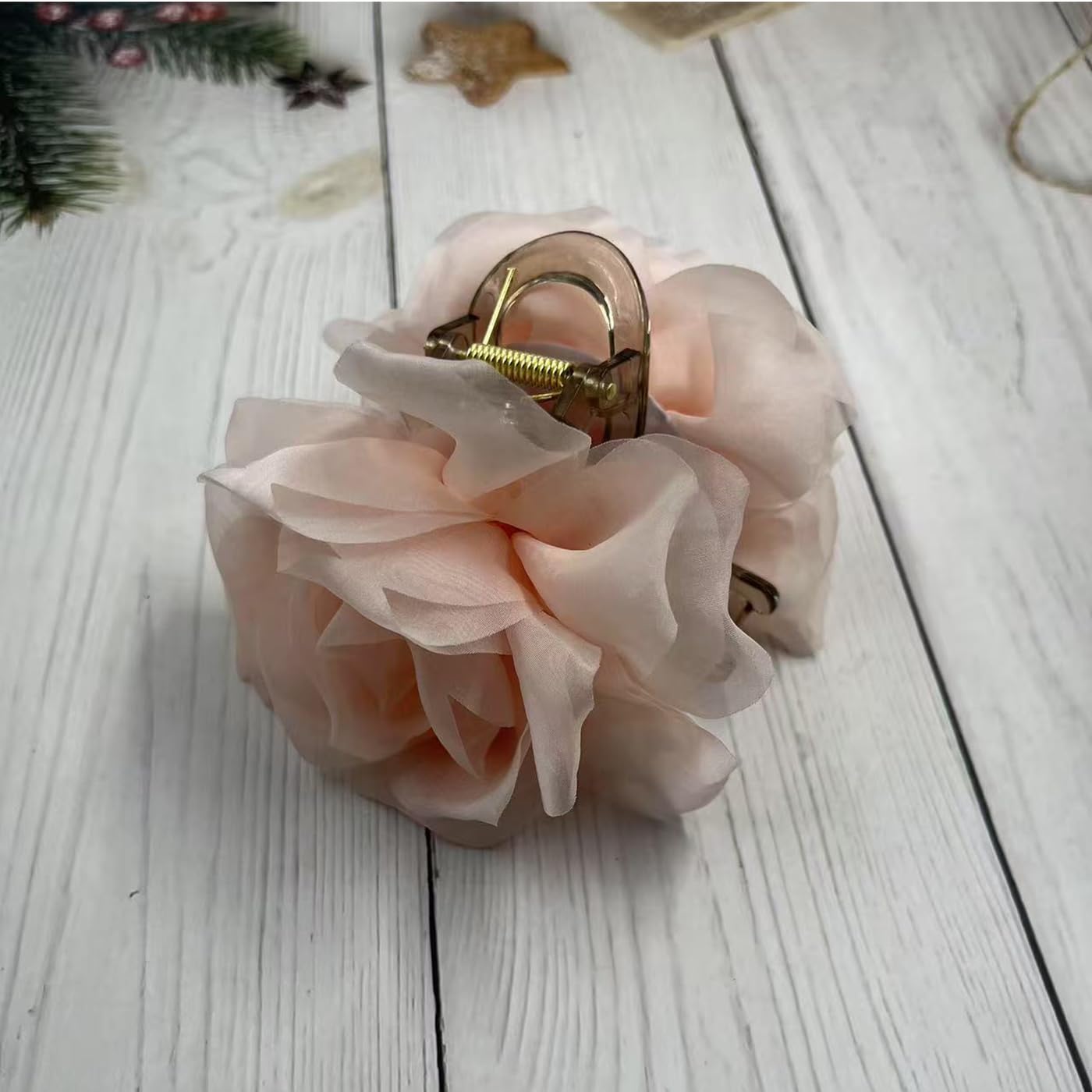 S.A.V.I Pale Pink Rose Hair Claw Clip for Women & Girls (9 cm) | Large Floral Net Fabric Hair Accessory | Strong Hold Elegant Updo Clutcher for Party, Wedding, Daily