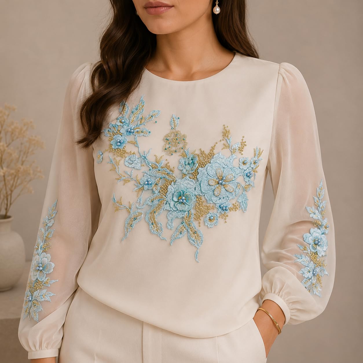 S.A.V.I Floral Embroidery Applique Patch Sew-On Cyan 36x25 cm|DIY Lace Motif With Beadwork For Dresses, Kurtas, Blouses & Tops; Custom Garment Embellishment, 1 Piece