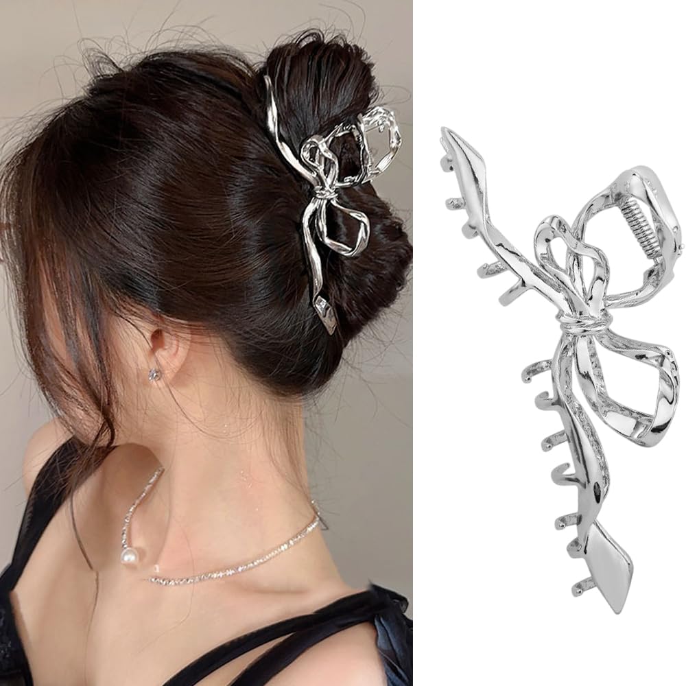 S.A.V.I 1pc. Silver Metal Bow Hair Clip for Women | Stylish Hair Clutch Accessory | Elegant  Durable Hair Claw for Buns  Ponytails | Lightweight Design | Party Looks  Trendy Hair Accessories for Girls