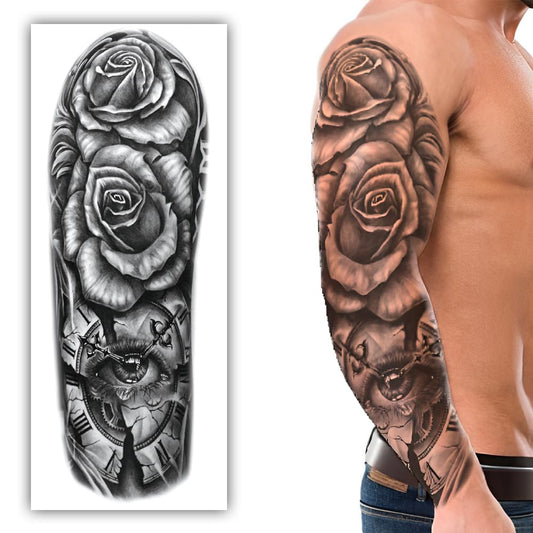 S.A.V.I Full Arm Temporary Tattoo for Men – 48x17 cm Long Sleeve Design – Realistic Rose & Clock Black Tattoo Sticker – Waterproof, Non-Toxic, Safe Body Art – Easy to Apply & Remove