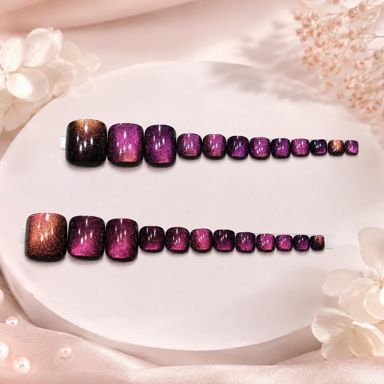 S.A.V.I Press on Toenails 24 Pcs Purple Cat Eye Short Square Tips