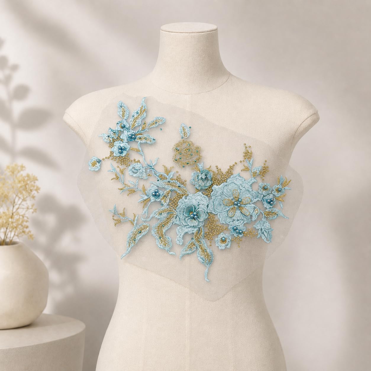 S.A.V.I Floral Embroidery Applique Patch Sew-On Cyan 36x25 cm|DIY Lace Motif With Beadwork For Dresses, Kurtas, Blouses & Tops; Custom Garment Embellishment, 1 Piece