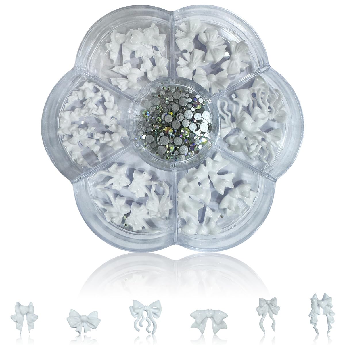 S.A.V.I 3D White Bow Knot Nail Art Charms with AB Rhinestones | Resin Nail Decorations Set | Round 7-Section Storage Box 8.3 cm | DIY Gel & Acrylic Nails (30 Pcs)