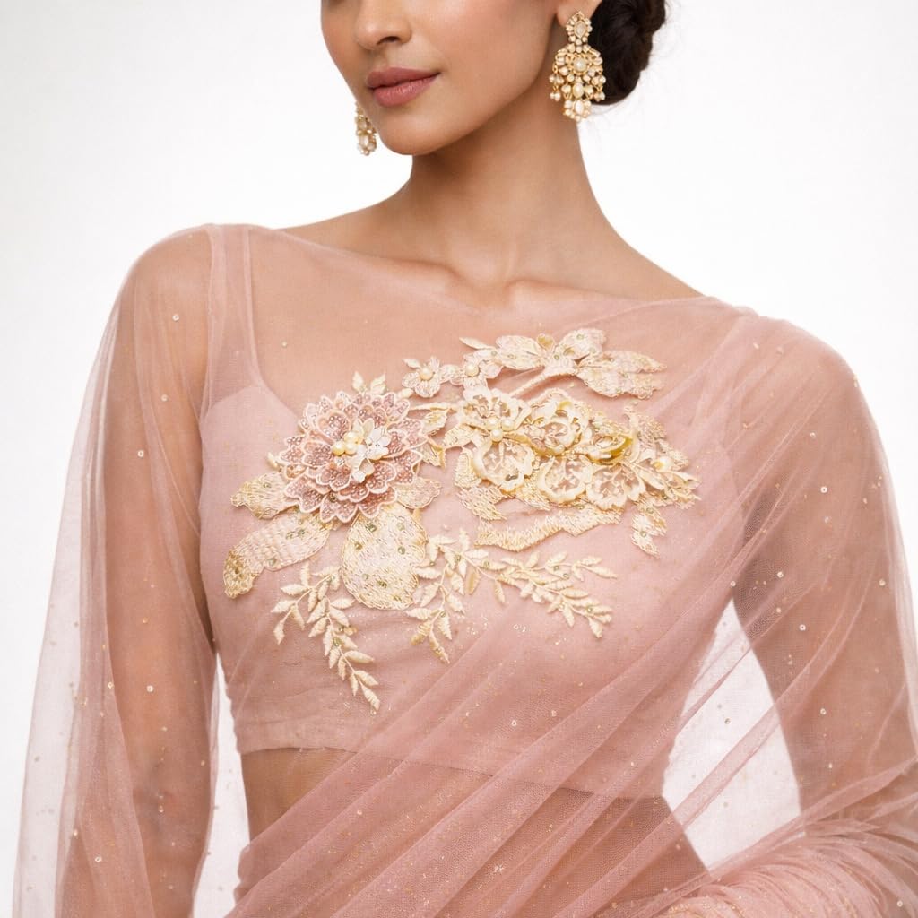 S.A.V.I Ivory Gold Floral Embroidered Appliqué Patch 20 x 25 cm, 3D Flower Net Lace Sew-On for Saree, Lehenga, Blouse, Gown & Anarkali Dress (Yellow)