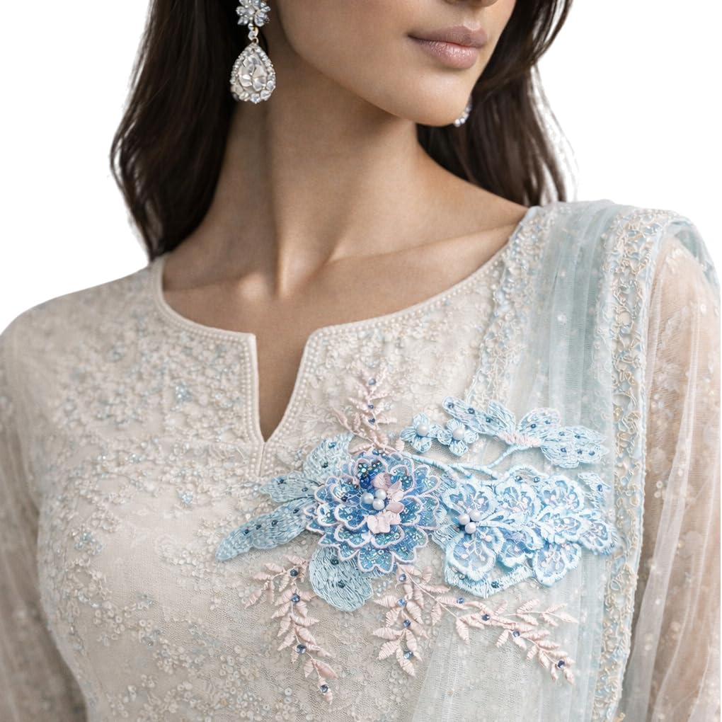 S.A.V.I Luxury Blue Floral Embroidered Appliqué Patch 20 x 25 cm | Sew-On Beaded Lace with Pearls | 3D Flower Design for Dress, Gown, Kurti & Bridal Wear (Blue)