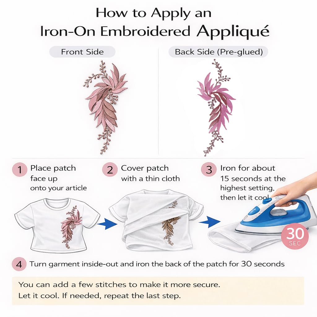 S.A.V.I Pink & Silver Floral Iron-On Embroidered Appliqué Patch 7.5 x 17 cm | Leaf Motif Threadwork Design for Dresses, Sarees, Blouses & DIY Fabric Craft (Right, Pink, 7.5 x 17 cm)