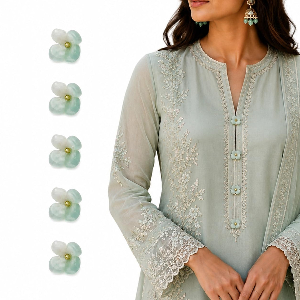 S.A.V.I Floral Resin Shank Buttons 12mm Mint & Ivory, Set of 5 | Kurti & Blouse Sewing, DIY Tailoring, Ethnicwear Fasteners, Craft Embellishments