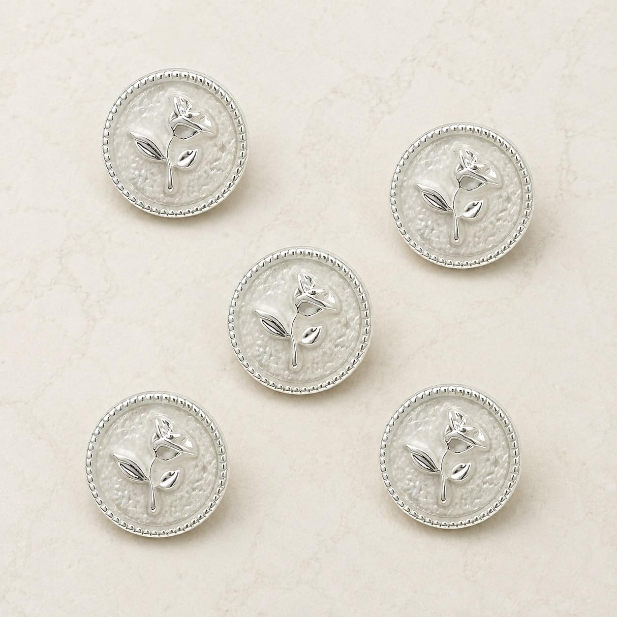 S.A.V.I Silver Rose Shank Buttons for Kurti, 17.5 mm, Set of 5 | Round Floral Design, White Metallic Finish, DIY Garments, Blouses & Dresses, Decorative Closure
