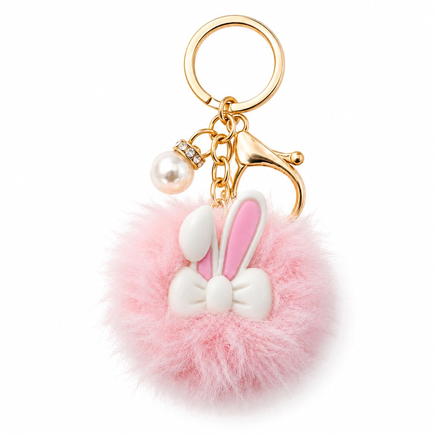 S.A.V.I Bunny Pom Pom Keychain 13 x 5 cm for Women & Girls, Fur Bag Charm, Soft Faux Fur, Pearl Accent, Gold-Tone Clasp, Pink, Kawaii Gift for Purse, Backpack & Car Keys, Lightweight Accessory