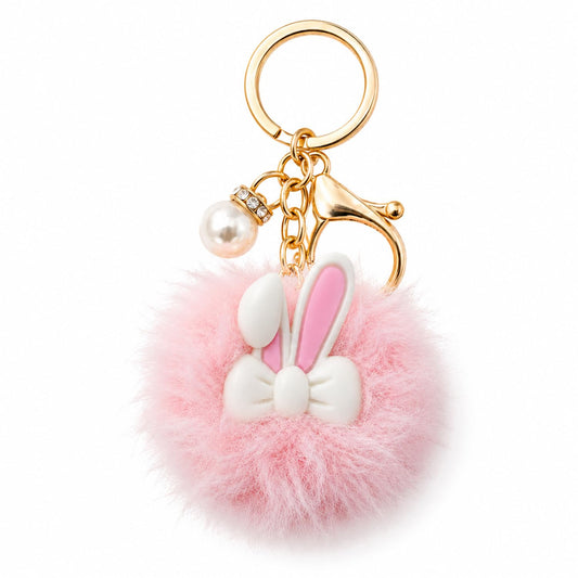 S.A.V.I Bunny Pom Pom Keychain 13 x 5 cm for Women & Girls, Fur Bag Charm, Soft Faux Fur, Pearl Accent, Gold-Tone Clasp, Pink, Kawaii Gift for Purse, Backpack & Car Keys, Lightweight Accessory
