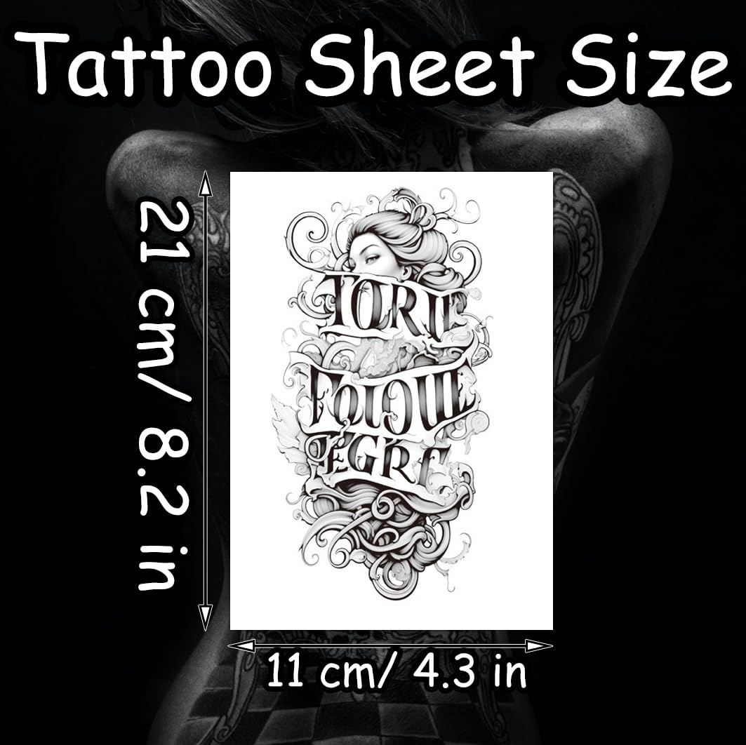 S.A.V.I Large Temporary Tattoo for Men 21 x 11 cm – Black Woman Face & Lettering Design – Waterproof Removable Non-Toxic Easy Apply Fake Body Art Sticker for Arm, Forearm, Shoulder – 1 Pc