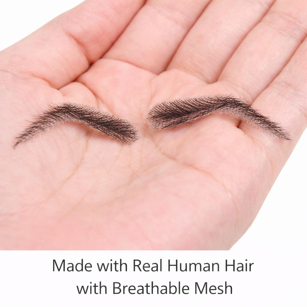 S.A.V.I Crescent Shape Glue-On Eyebrows for Women, Natural Black, 7 cm Hand-Tied Real Human Hair, Breathable Mesh Base, Reusable Fake Brow Set with Adhesive for Makeup, Alopecia