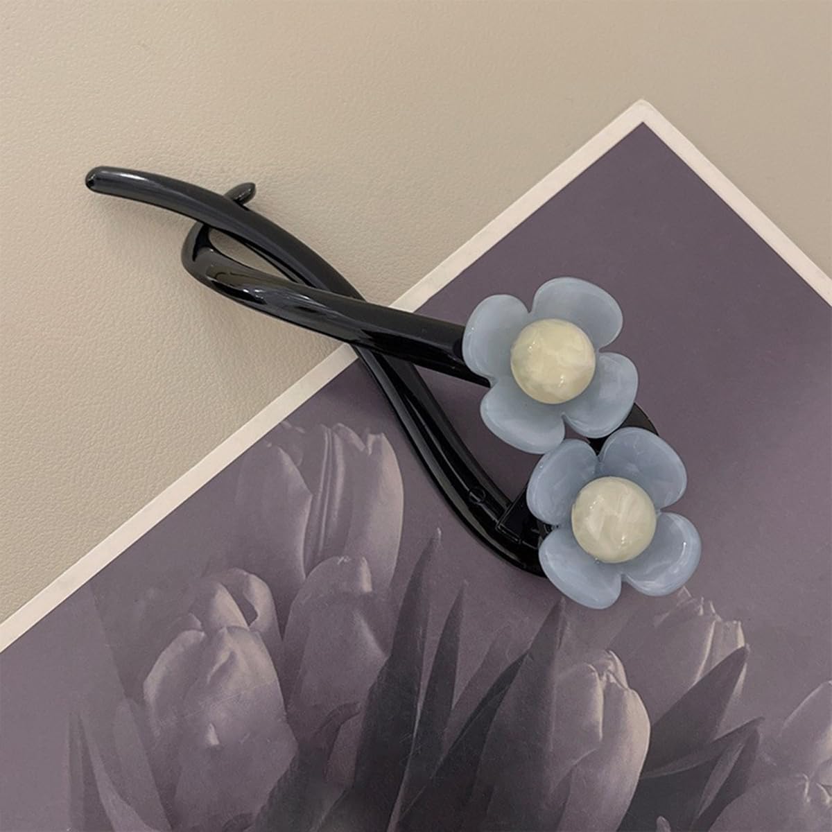 S.A.V.I Light Blue Flower Hair Clip for Women & Girls | Stylish Acrylic Floral Design | 11cm Long Black U-Shape Hairpin Strong Grip for Party Casual Daily Hairstyles