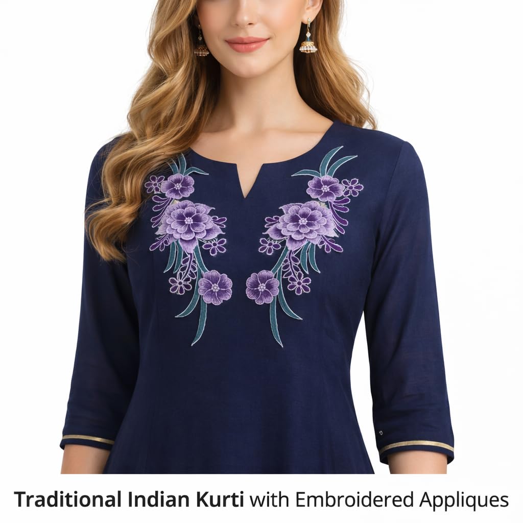 S.A.V.I Pair of Purple Floral Embroidered Sew-On Applique for Women Dresses & Kurtis | Thread Work Flower Design | 12.5 x 33.5 cm Decorative Garment & Craft Patch (Purple)