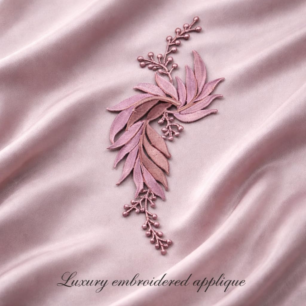 S.A.V.I Pink & Silver Floral Iron-On Embroidered Appliqué Patch 7.5 x 17 cm | Leaf Motif Threadwork Design for Dresses, Sarees, Blouses & DIY Fabric Craft (Left, Pink, 7.5 x 17 cm)