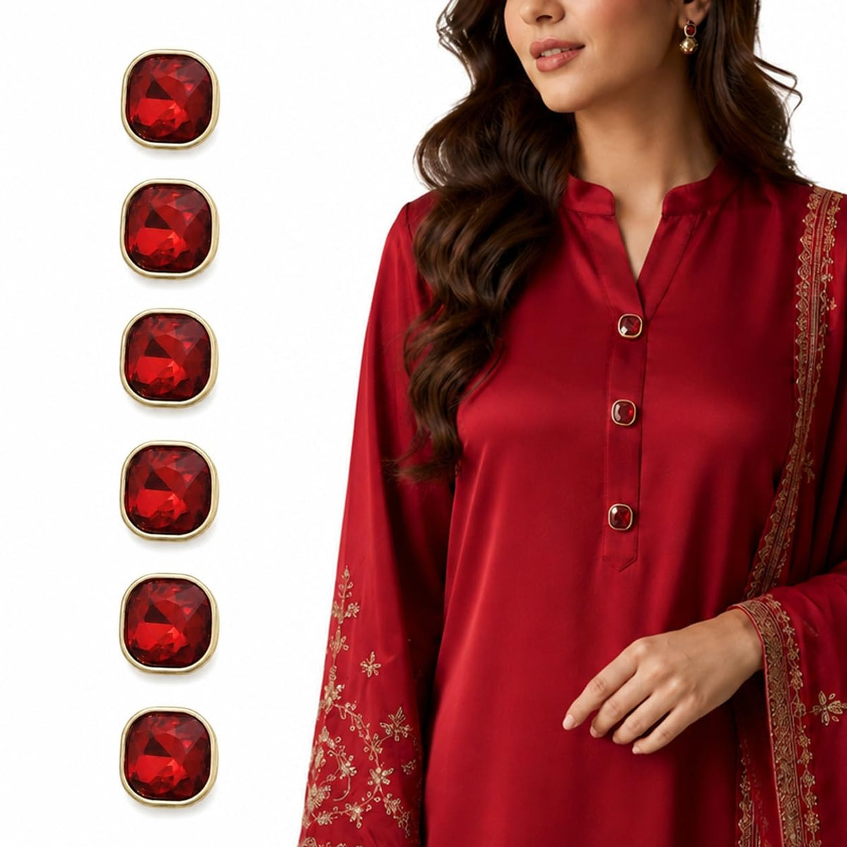 S.A.V.I Crystal Buttons for Kurti Blouse Ruby Red 12mm Set of 6 | Resin Shank Fasteners, Gold-Tone Rim, Ethnic Wear, Sewing Crafts, Dresses