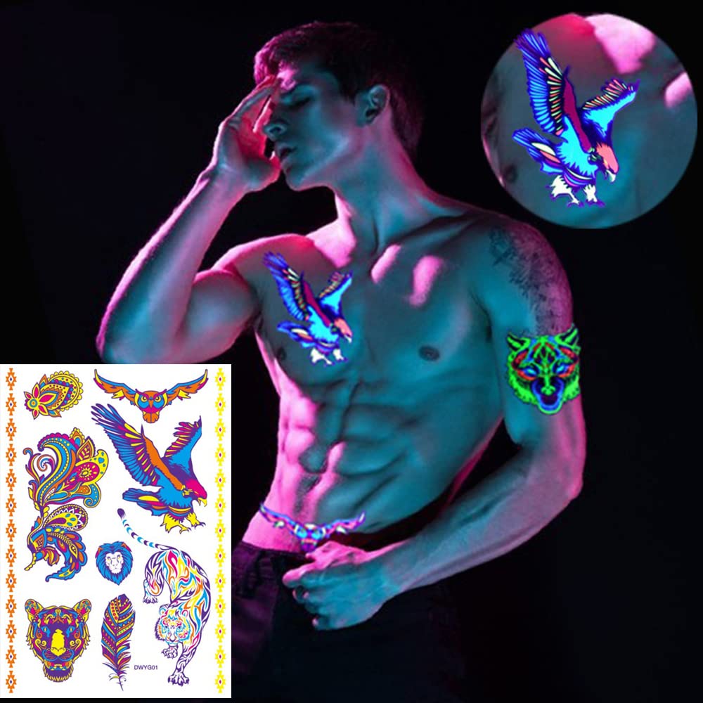 S.A.V.I Neon Temporary Tattoos, Glow UV Neon Body Face Skin Animal Tattoos, Eagle, Lion, Tiger, Armband, Tattoos Flash Fake Waterproof Tattoo Stickers for Women Men Girls Body Art, Size- 21x15CM