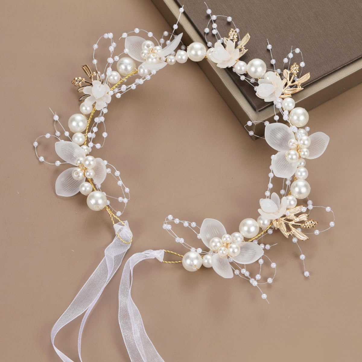 S.A.V.I White Floral Pearl Headband for Girls & Women | Adjustable Boho Bridal Hair Crown Tiara | Alloy Faux Pearl Acrylic Flower Leaf Design | Wedding Party Princess Hair Accessory