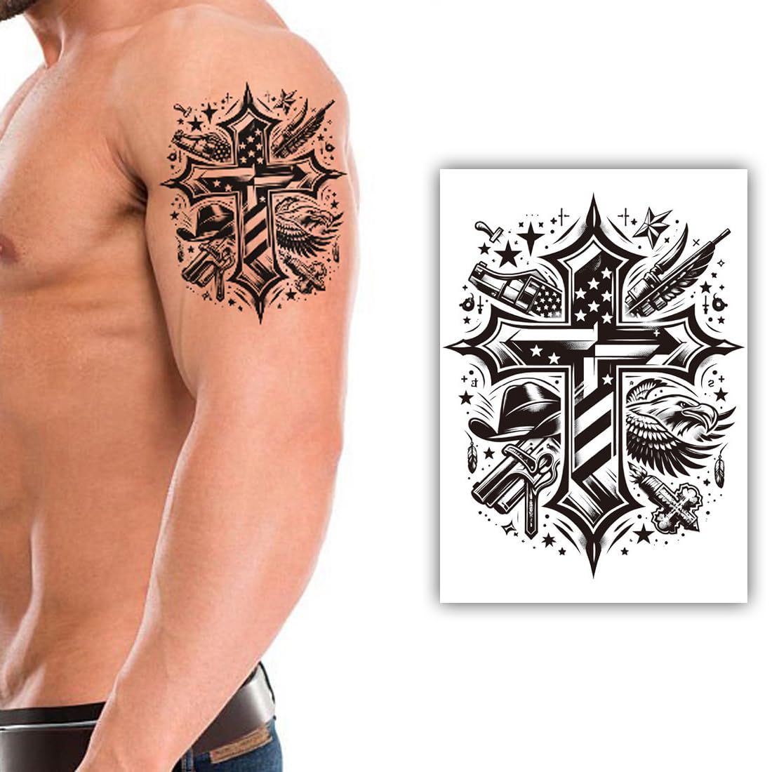 S.A.V.I 1 Pc Black Cross Temporary Tattoo for Men – 21x11 cm | Waterproof Long-Lasting Body Art with American Eagle & Flag | Non-Toxic, Easy to Apply & Remove | Arm Tattoo Sticker