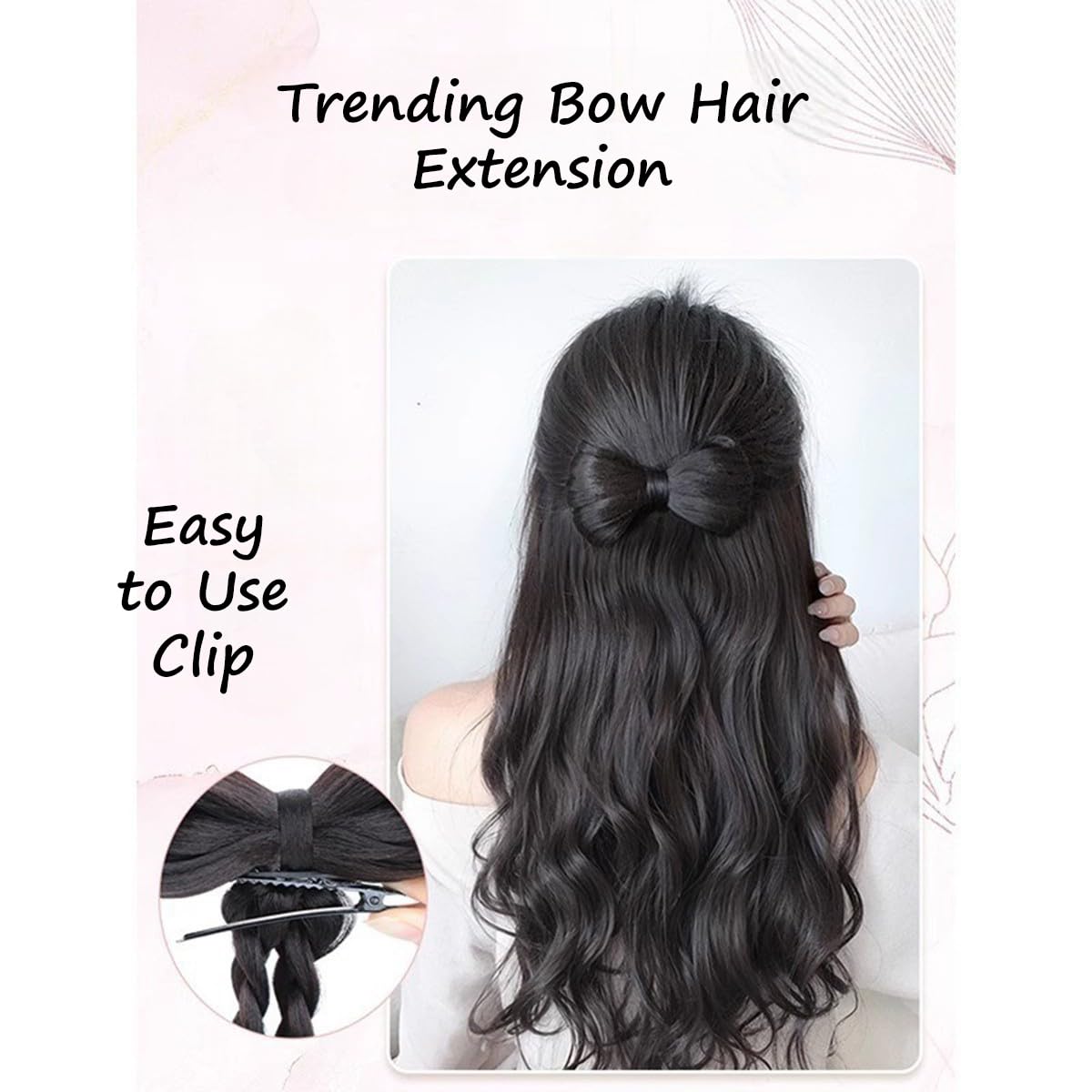 S.A.V.I Clip-On Bow Hair Extension for Women & Girls | Natural Black Long Wavy Synthetic Ponytail with Strong Grip Clip | Korean Style Hair Accessory for Daily, Parties & Fashion Styling
