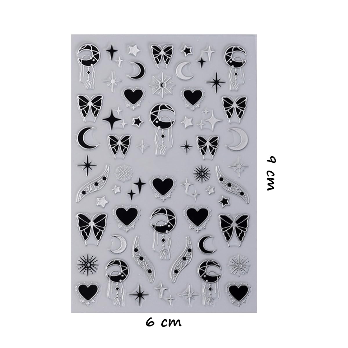 S.A.V.I 4 Sheets - 3D Self-Adhesive Nail Art Stickers Set, Gold & Silver Butterfly Moon Star Bow Designs, Metallic Decals for Acrylic Gel & Natural Nails, 9×6 cm