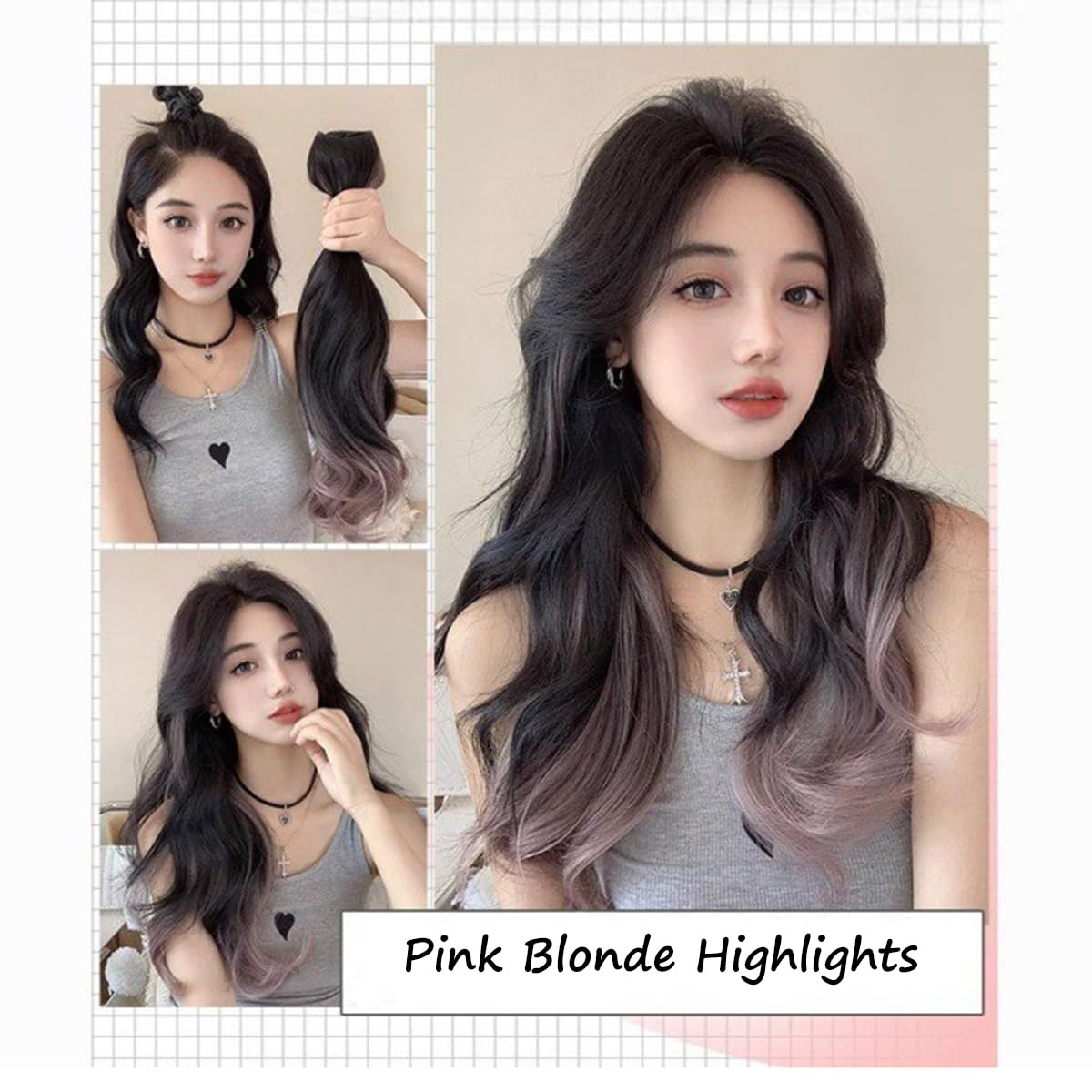 S.A.V.I 50cm Wavy Clip-In Hair Extension for Women | Natural Black & Dusty Pink Blonde Highlights | Dual-Tone Ombre Synthetic Hairpiece | Volumizing Half Head Long Hair Extension