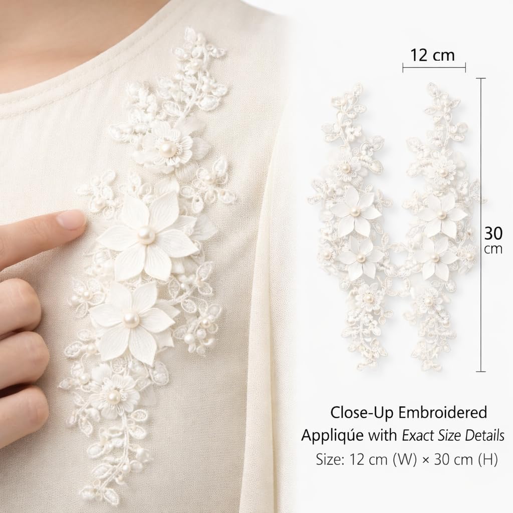 S.A.V.I White Floral Embroidered Lace Appliqué Pair 12 x 30 cm, Pearl Beaded 3D Neckline Patch on Premium Net Fabric for Sewing, Craft Decoration, Dresses, Blouses & Gowns (White Flowers)