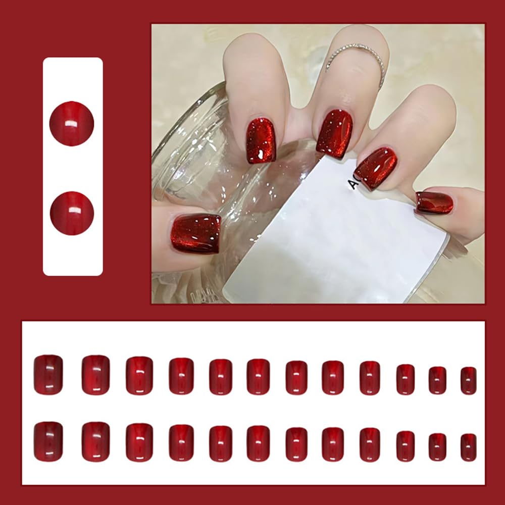 S.A.V.I 24 Pcs Short Red Cat’s Eye Glossy Press On Nails – Natural Shape – Reusable Fake Nails with Nail Glue & Adhesive Tabs – DIY Salon-Quality Manicure at Home