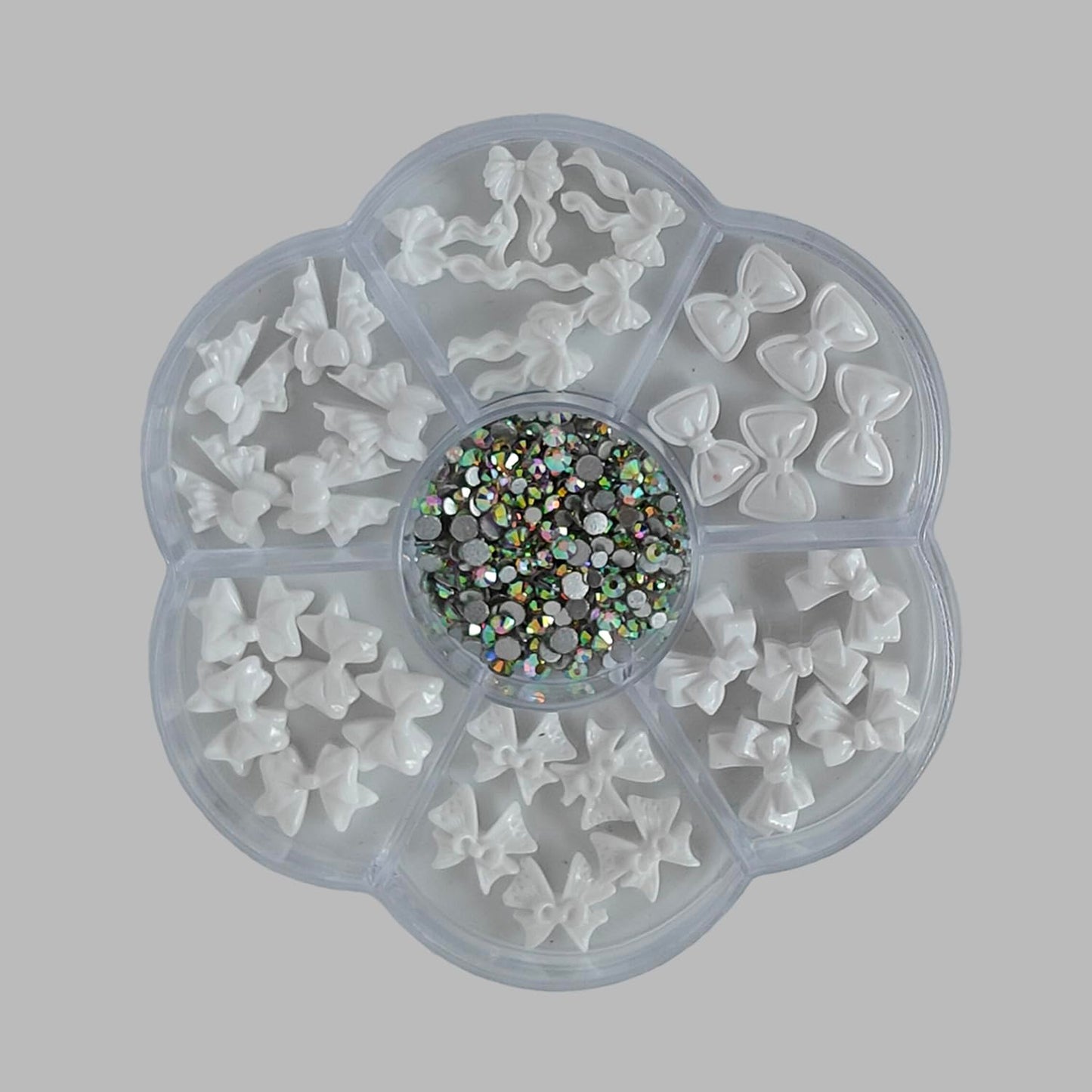 S.A.V.I 3D White Bow Nail Art Charms Set with 7-Section Box (8.3 cm) | Resin Bowknot & AB Flat-Back Rhinestones | Glossy DIY Nail Accessories for Salon & Home Use