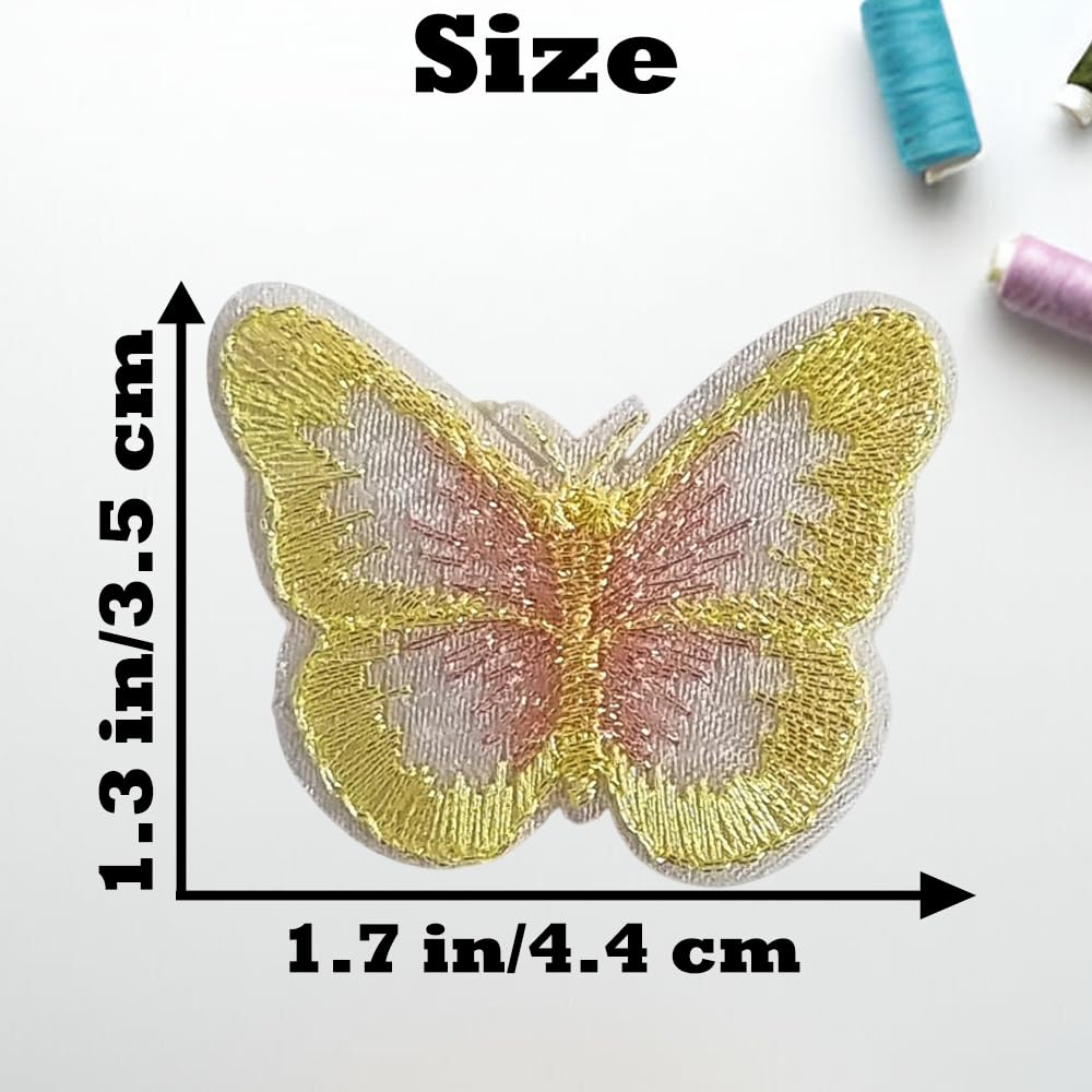 S.A.V.I 6 Pcs Butterfly Embroidered Sew-On Patches | Yellow Pink White Threadwork on Sheer Mesh | 4.4 x 3.5 cm Decorative Appliques for Dresses, Blouses & DIY Crafts (Yellow-Pink)