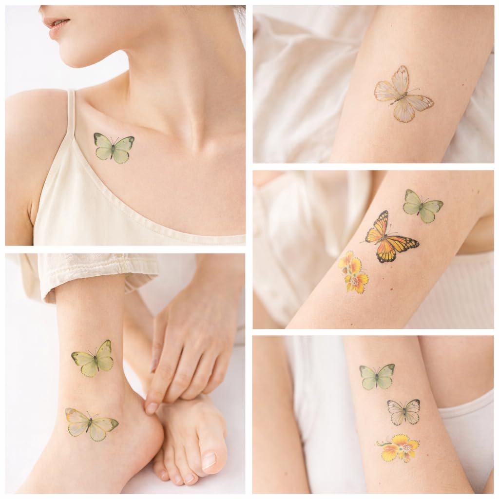 S.A.V.I 10 Sheets Green Butterfly Temporary Tattoos for Women & Girls, 6.8x12 cm Realistic Floral Waterproof Body Art Stickers, Safe Non-Toxic Long Lasting Design for Arm Hand Neck (#332)