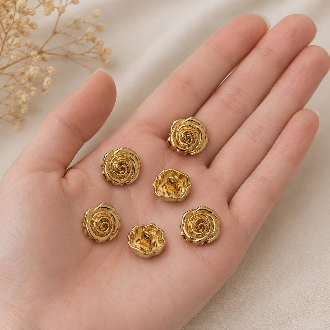 S.A.V.I Golden Rose Shank Buttons 15mm Metallic Finish Set of 6 | Sculpted Floral Design, for Kurti & Blouse, DIY Craft Use, Sewing Fasteners, Women's Wear