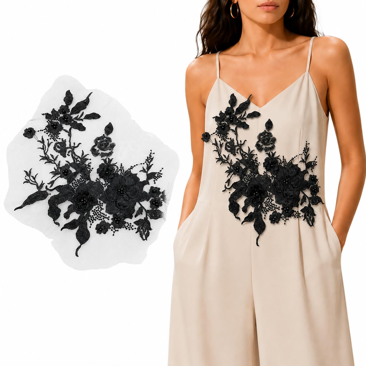 S.A.V.I Floral Embroidery Sew-On Applique Patch Black|36 x 25 cm Mesh Lace With 3D Beads for Dresses, Kurtas, Blouses, Gowns & DIY Outfit Customization