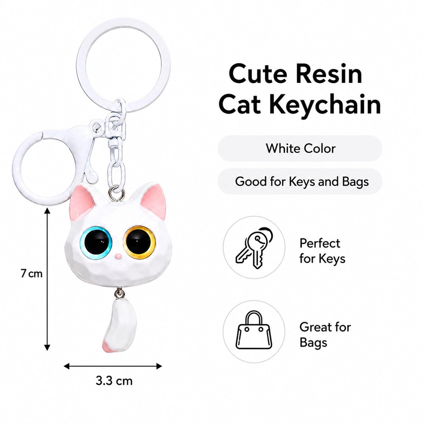 S.A.V.I Cute Resin Cat Keychain for Women & Girls Kawaii Bag Charm White, Handcrafted Animal Pendant, 7 x 3.3 cm, Lightweight Accessory Backpack, Purse, Car Keys