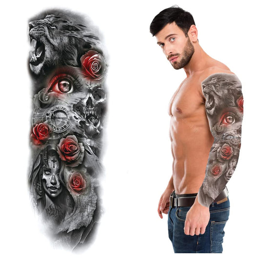 S.A.V.I Full Arm, Hand Temporary Tattoo For Men, Roaring Lion Roses Eye Gothic Girl Design Size 48x17CM