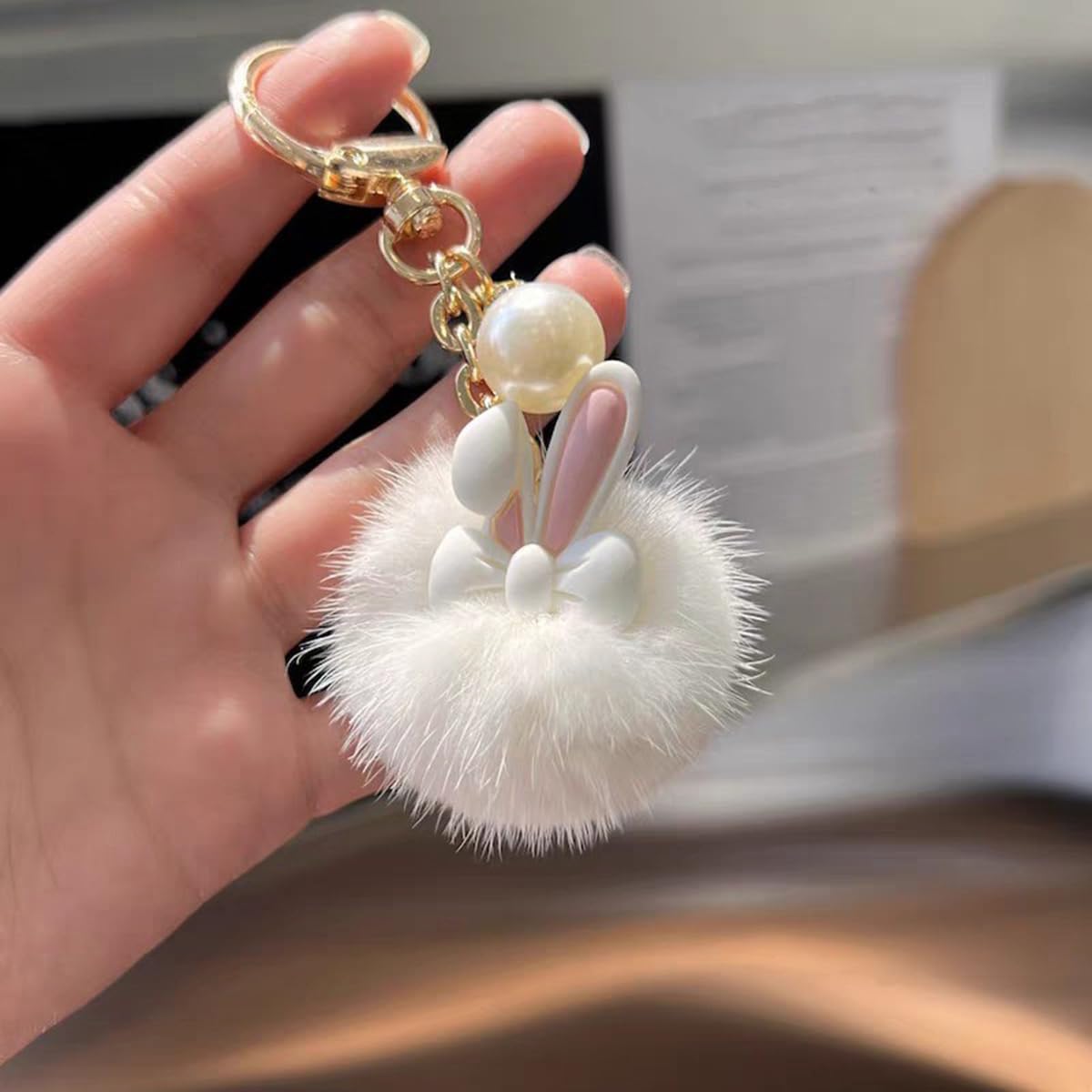 S.A.V.I Bunny Pom Pom Keychain for Women & Girls, Faux Fur Bag Charm, White, Soft Plush Finish, 13 cm Cute Rabbit Pendant with Pearl Accent, Gold-Tone Clasp for Handbags, Backpacks, Keys & Gifts