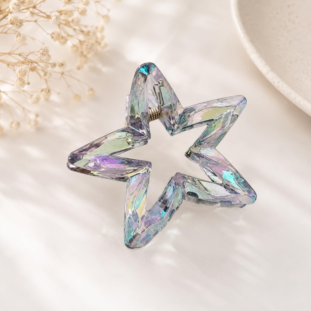 S.A.V.I Hair Claw Clip for Women Iridescent Star Grey 7 cm | Resin Material, Strong Grip, Casual & Party Use, Lightweight, For Girls