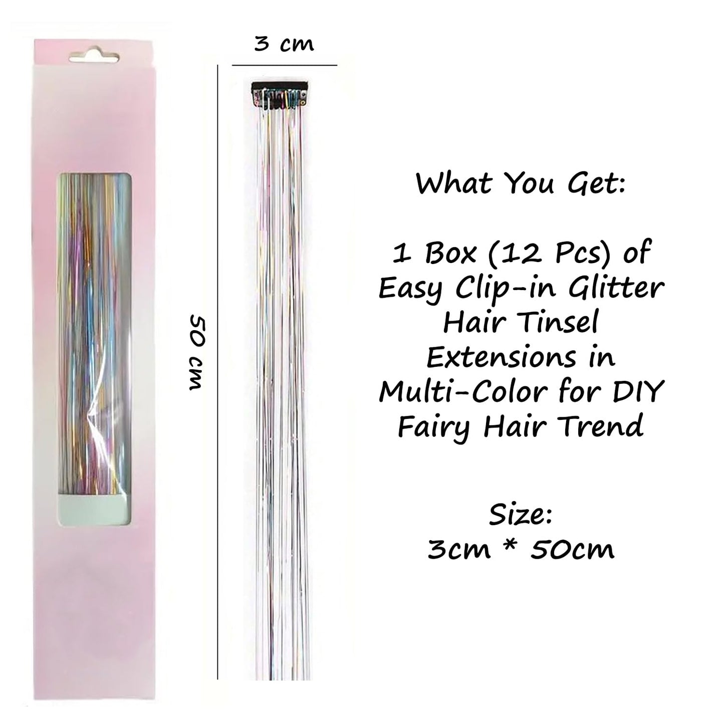 S.A.V.I Multicolor Clip-In Hair Tinsel Extensions 12 Pcs, 50cm Shimmer Fairy Hair Strands with Snap Clips, Metallic Glitter Highlights, Reusable Synthetic Party Styling Accessories for Women & Girls
