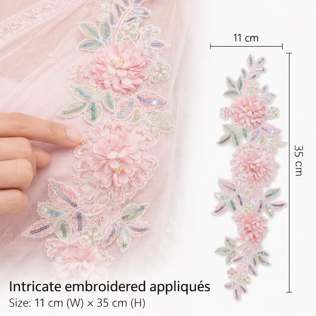 S.A.V.I Blush Pink Floral Embroidered Sew-On Appliqué Patch 11 x 35 cm | 3D Flower Sequin Net Fabric Motif for Saree Gown Kurti Blouse Decoration