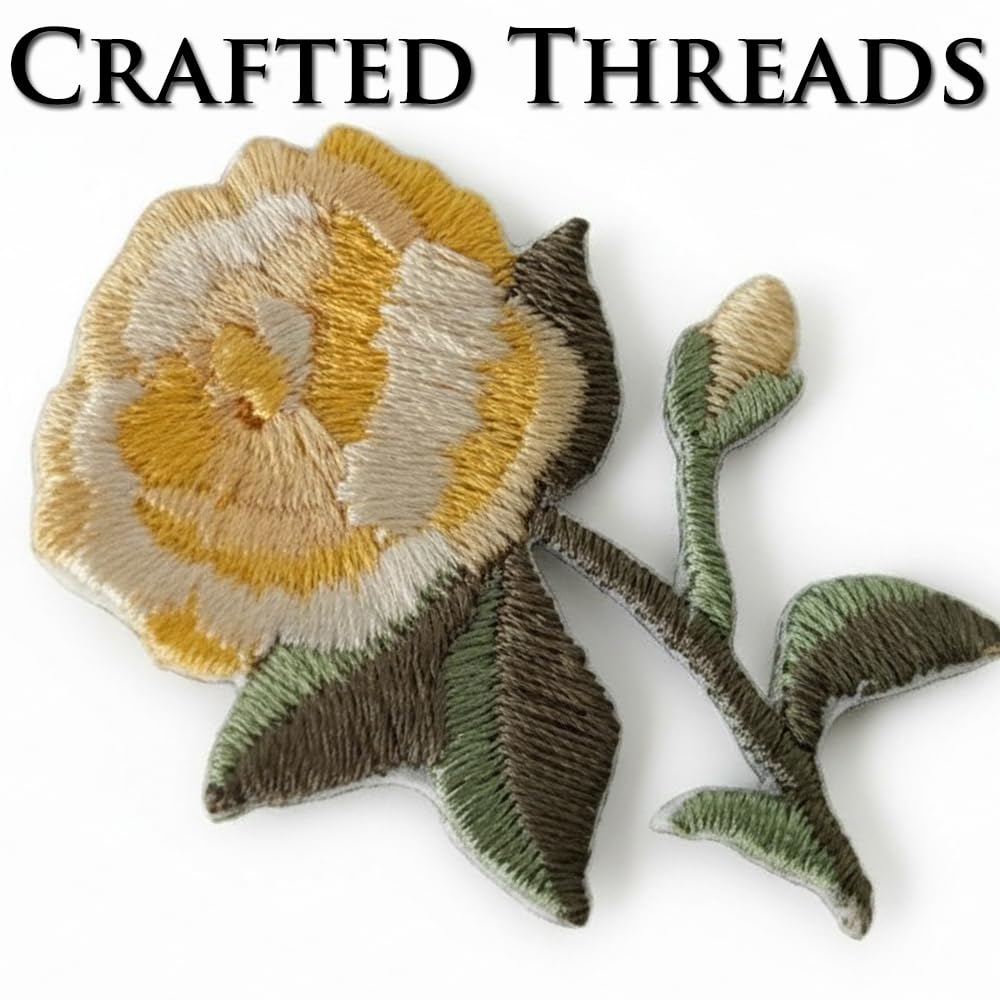 S.A.V.I 2 Pcs Iron-On Embroidered Rose Flower Patch Set, Yellow & Green Floral Applique, 1.6 x 1.2 Inch Pre-Glued Fabric for Clothes, Bags & DIY Craft Decor