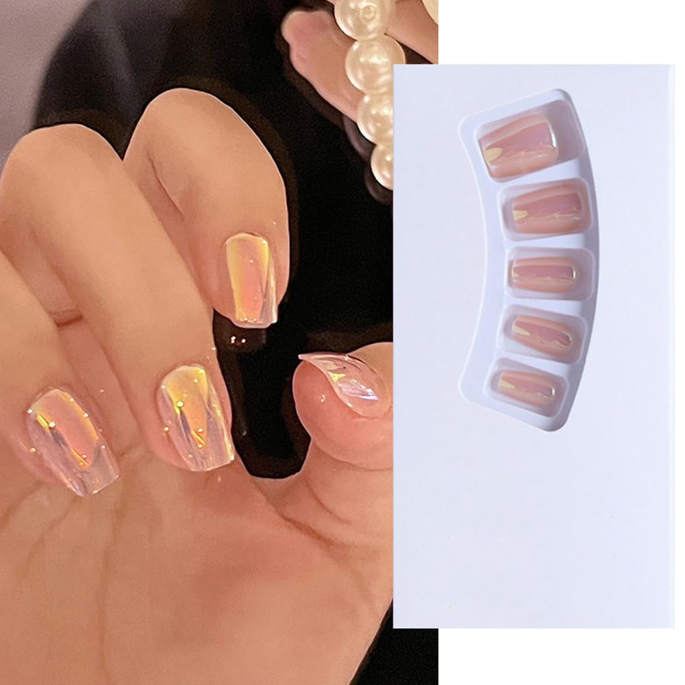 S.A.V.I Aurora Mirror Press-On Nails - 24 Pc Set, Medium Square, Adhesive Tabs  Glue Included