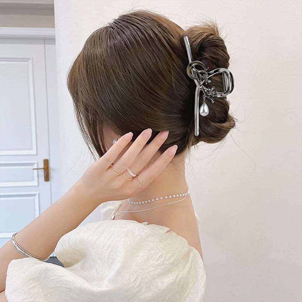 S.A.V.I Gun-Black Large Hair Claw Clip for Women – 11.5cm Metal Clutcher with Moon, Cherry Blossom & Pearl Design – Strong Grip Stylish Hair Accessory for Thick Hair & Bun Styling