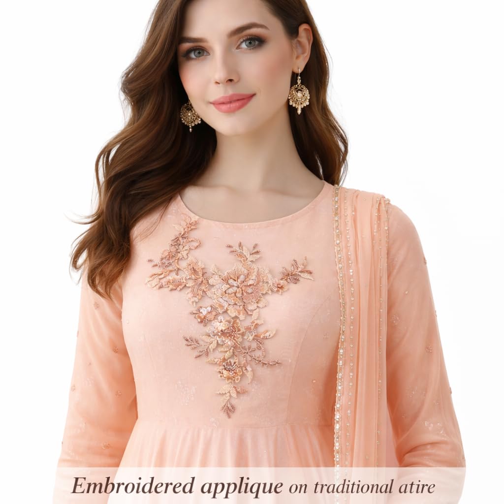 S.A.V.I Light Café Peach Floral Embroidered Applique Patch 29x25 cm, Net Fabric with 3D Sequin & Thread Work, Asymmetrical Sew-On Motif for Blouse Saree Lehenga Gowns (Light Coffee)