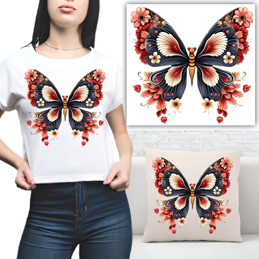 S.A.V.I 1PC Butterfly Flower Iron-On Applique Patch – 8-8.5in Stylish Floral Design – Washable Heat Transfer Sticker for DIY T-Shirts, Hoodies, Jeans, Backpacks, Pillows – Easy Application  Durable