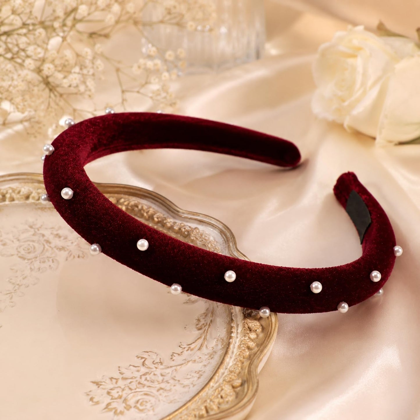 S.A.V.I Velvet Pearl Hairband for Women Wine Red, 16x14 cm, Soft Fabric Finish, Lightweight Wide Headband for Girls, Casual, Party & Wedding, Comfortable All-Day Fit