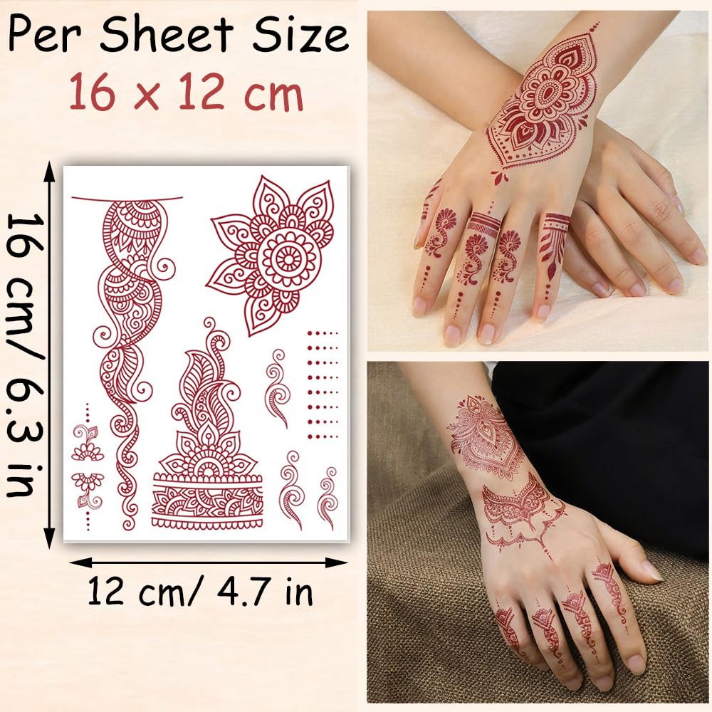 S.A.V.I 2 Sheets - Temporary Mehndi Tattoo Stickers for Hands (16x12 cm) | Red Henna Style | Waterproof, Non-Toxic | Mandala & Floral Design for Women & Girls | Festival & Bridal Use (#42)