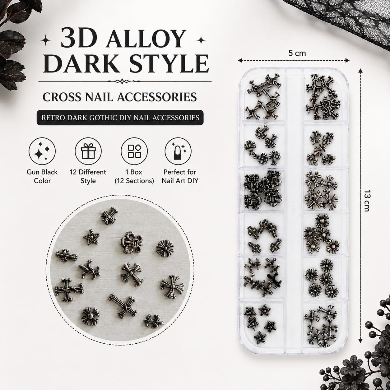 S.A.V.I 3D Alloy Gothic Cross Nail Charms, 12 Styles, Gun Black | Retro Punk Design, 12-Section Storage Box, DIY Manicure Use, Metal Studs, Salon & Home