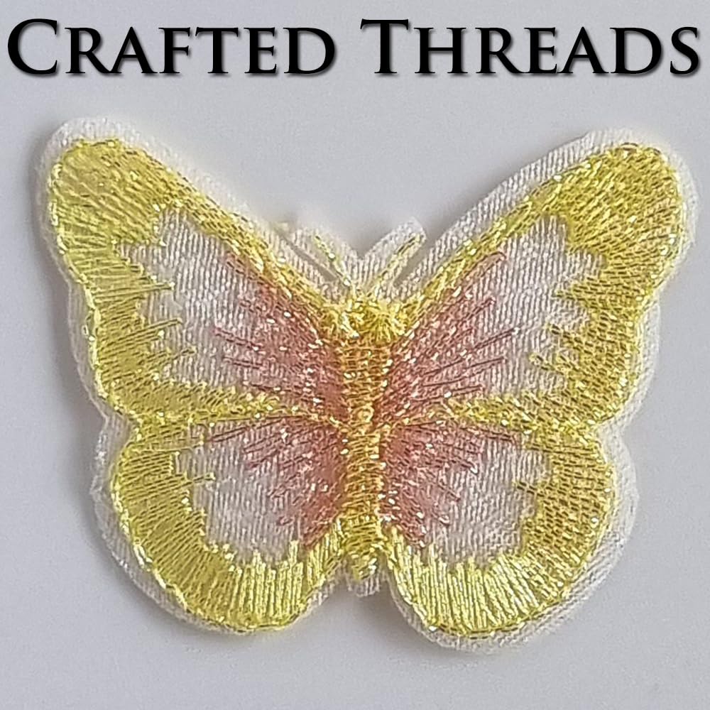 S.A.V.I 6 Pcs Butterfly Embroidered Sew-On Patches | Yellow Pink White Threadwork on Sheer Mesh | 4.4 x 3.5 cm Decorative Appliques for Dresses, Blouses & DIY Crafts (Yellow-Pink)