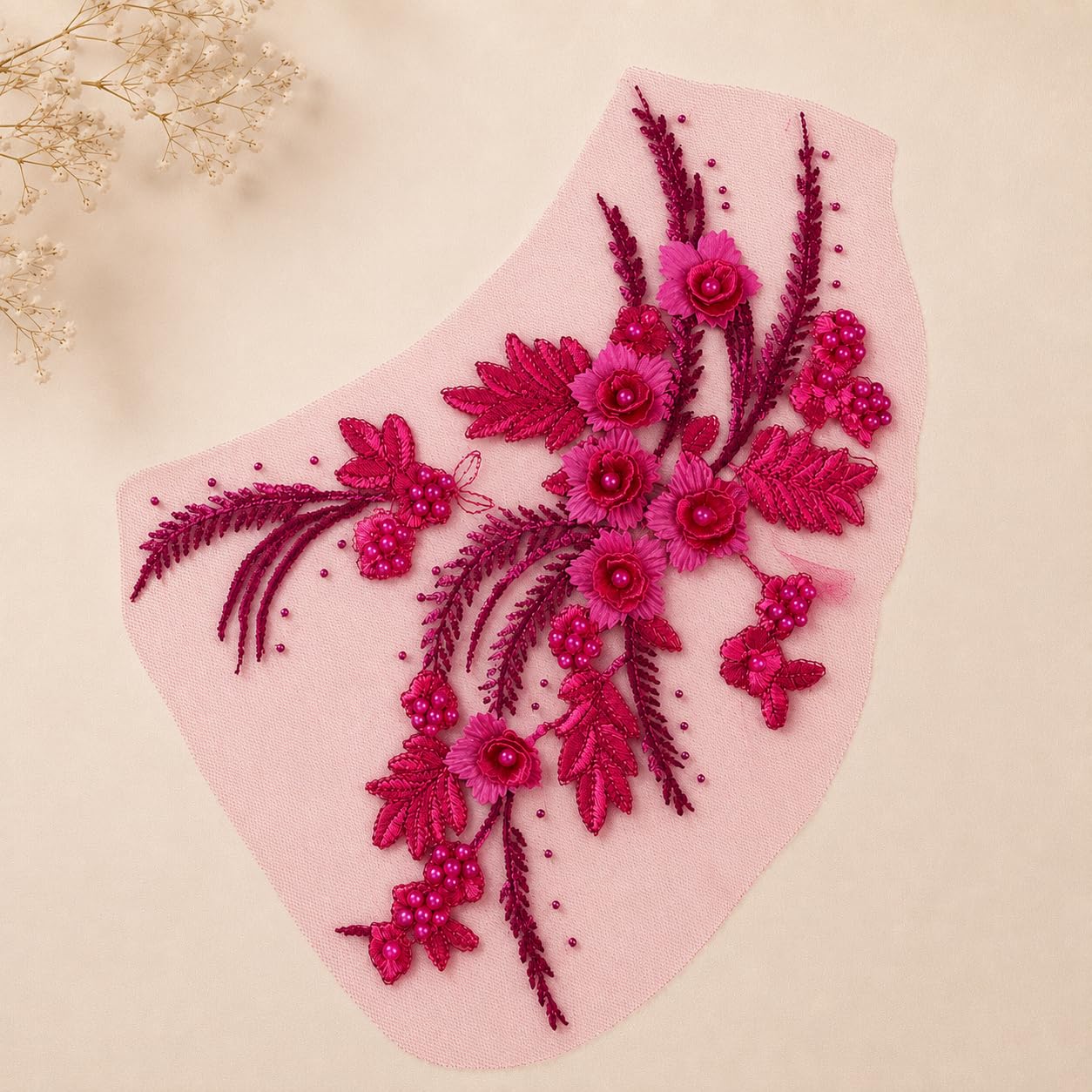 S.A.V.I Big Floral Embroidery Patch Sew-On Applique 34x25 cm|Hot Pink 3D Beaded Mesh Lace Motif for Kurtis, Blouses, Sarees, Gowns, Jeans & DIY Fashion Customization